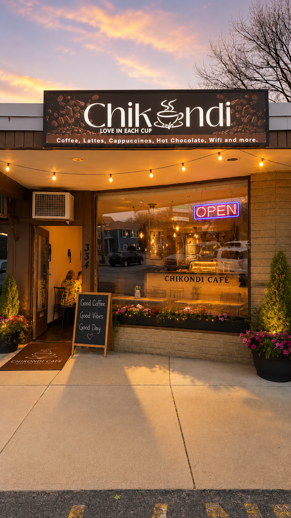Chikondi Cafe storefront at sunset on Budlong Road