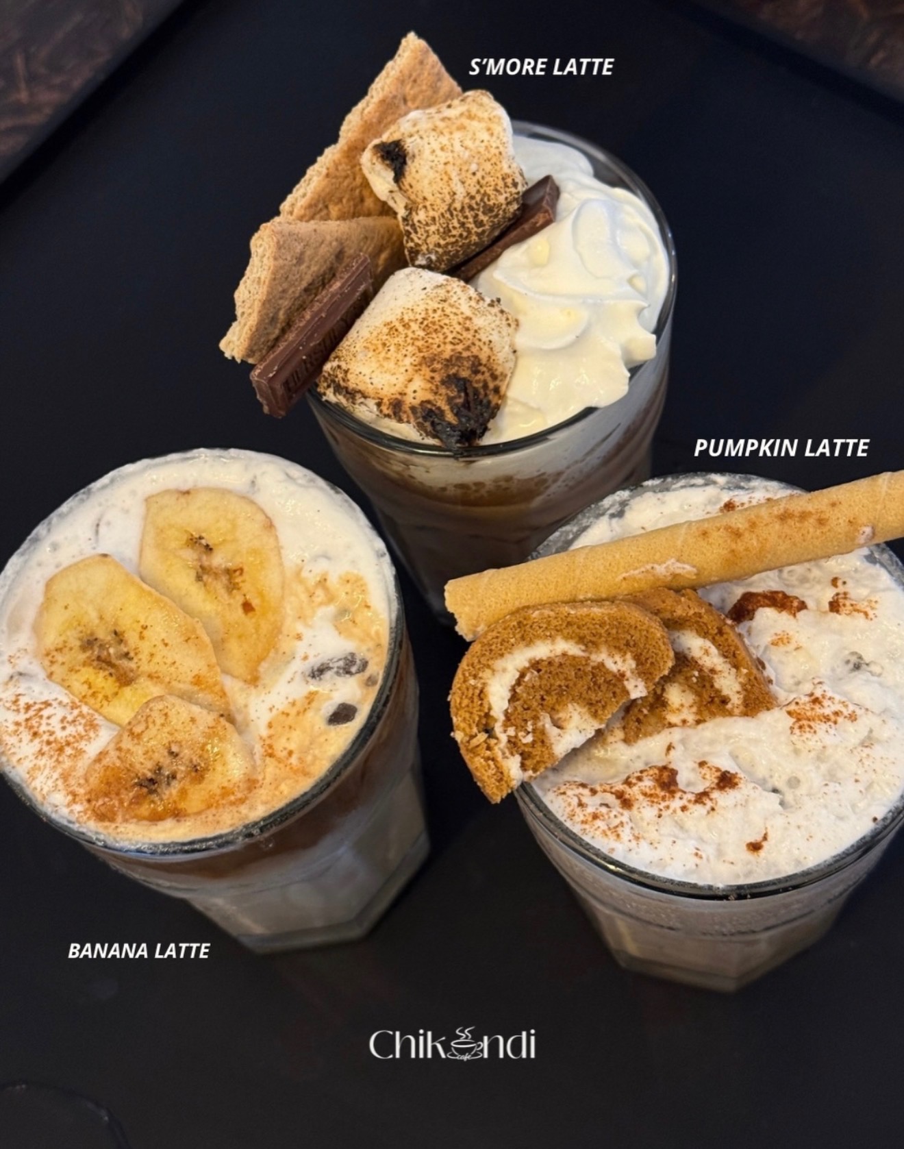 S'more, banana and pumpkin latte trio