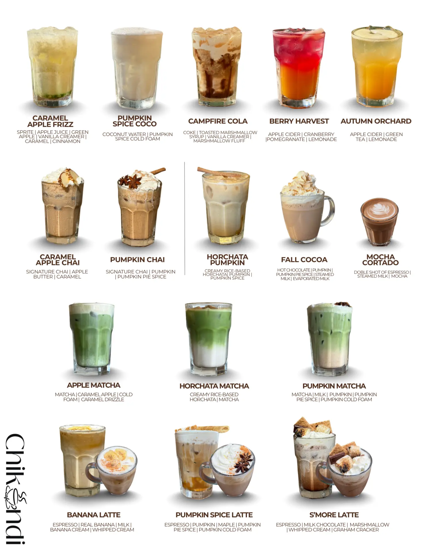 Chikondi Cafe Fall seasonal menu featuring refreshers, chai, warmers, matcha and lattes