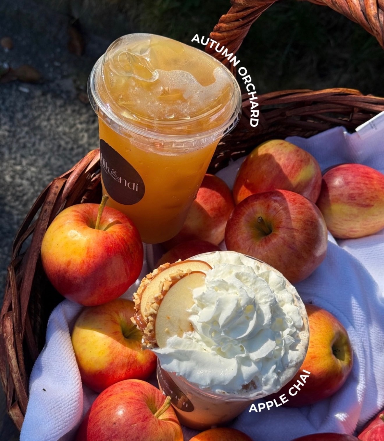 Autumn Orchard refresher and apple chai among fresh apples